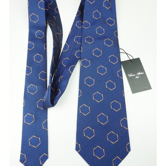 Cesare Attolini Cobalt Blue Lemon Yellow Geometric 100% Silk Tie BRAND NEW - Picture 2 of 5